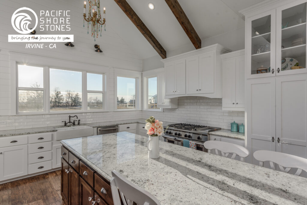 Colonial White Granite consistent natural stone, with off-white, maroon and black spots, which combine with beige tones.
