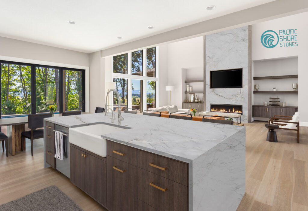 Beautiful kitchen and living room in new luxury home with open f Beautiful kitchen and living room in new luxury home with open f