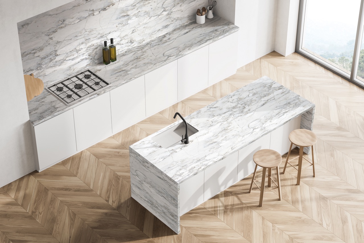 Modern contemporary design kitchen room interior. Dining island with stools. Panoramic windows. White and wood material. Oak parqueet. Top view. of Quartz Countertop Hanstone Le Blanc